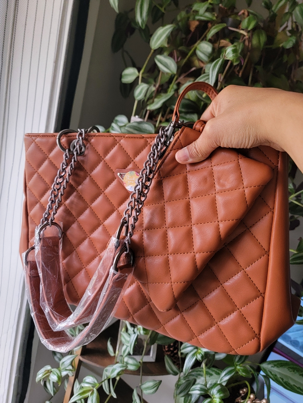 Last One! Brown Quilted Vegan Leather Shoulder Bag With Pouch